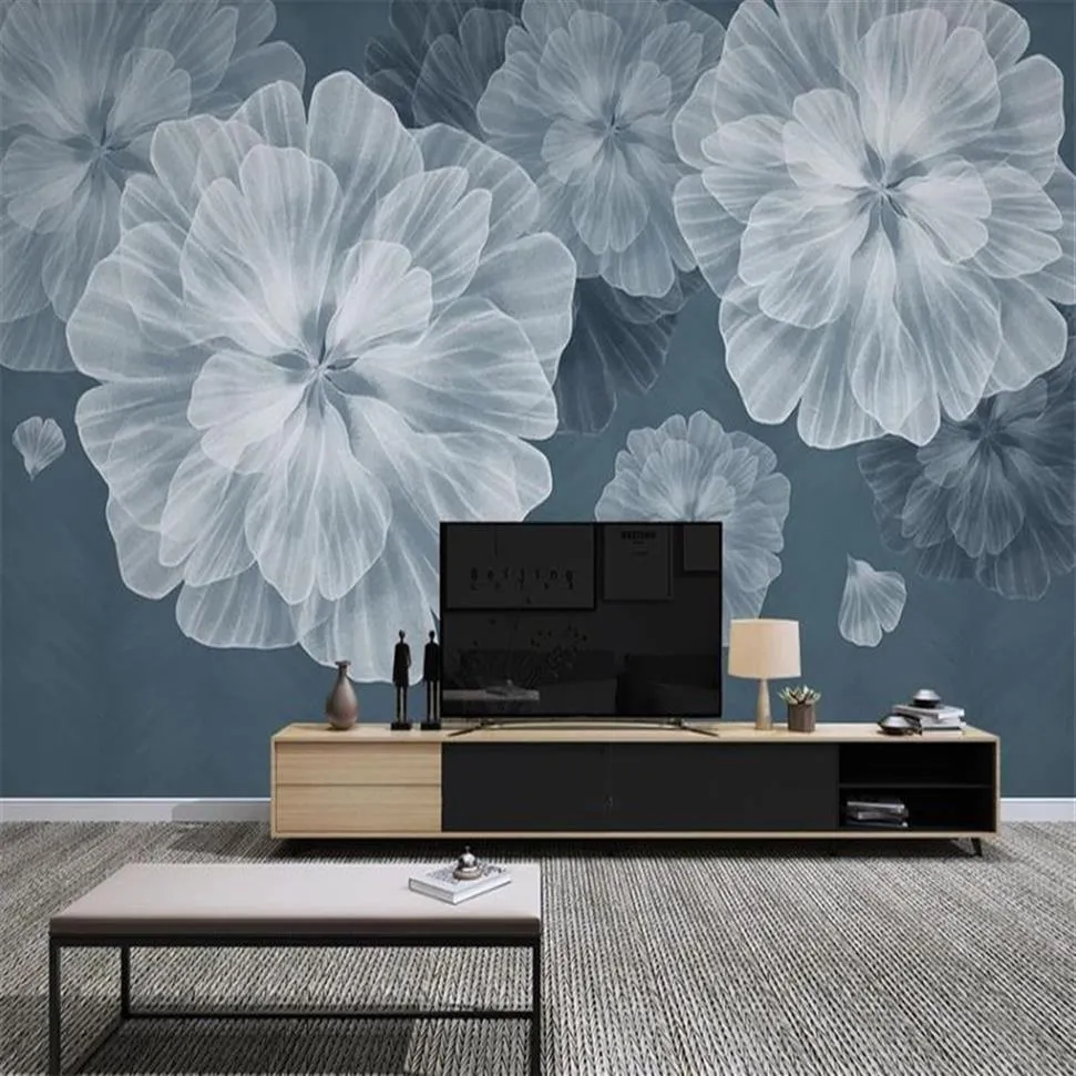 Papier peint Floral 3d romantique, fleurs nordiques, pétales rétro bleus, minimaliste, arrière-plan de canapé TV, papier peint HD271d