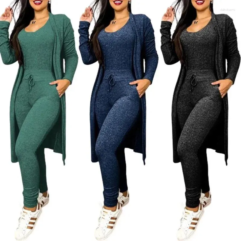 Calças femininas de duas peças Mulheres Define Manga Longa Macacões Redondo Pescoço Cintura Elástica Pulôver Cor Sólida Solta Cardigan Casual Outono