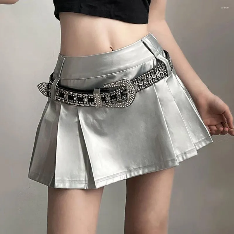 Y2K Womens Low Rise Pleated Mini Metallic Mini Skirt Korean