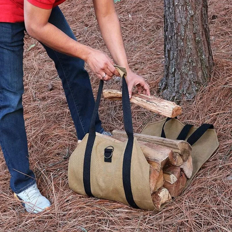 Förvaringspåsar utomhus vede canvas väska stock tote öppen spis stort trä bärhandtag camping kapacitet