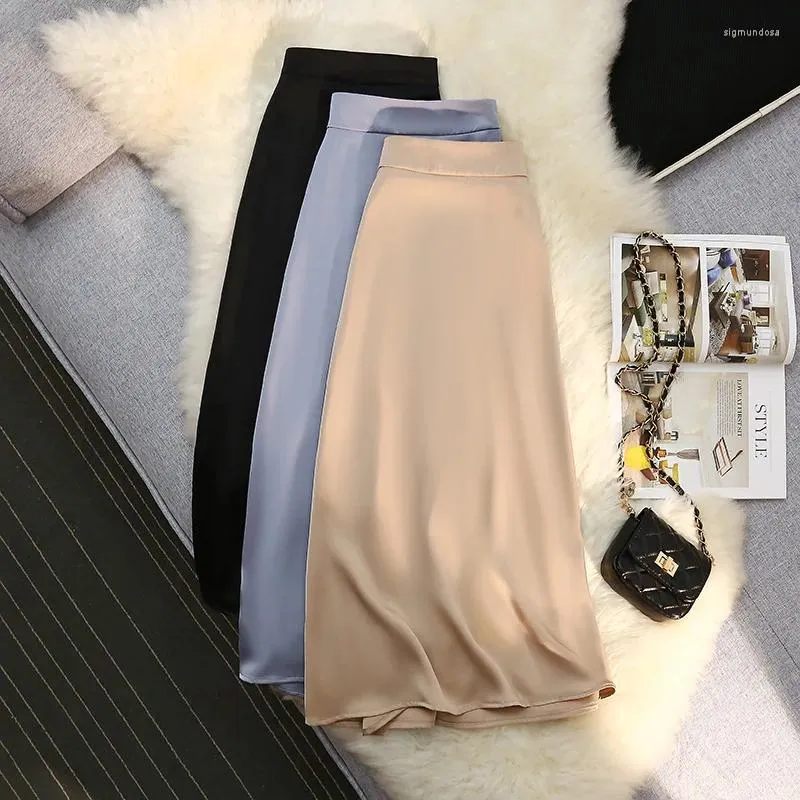 Skirts Silk Satin Long Black For Women Elegant Ladies A Line Zipper Back Elastic Band Korean Fashion Luxury Midi Skirt