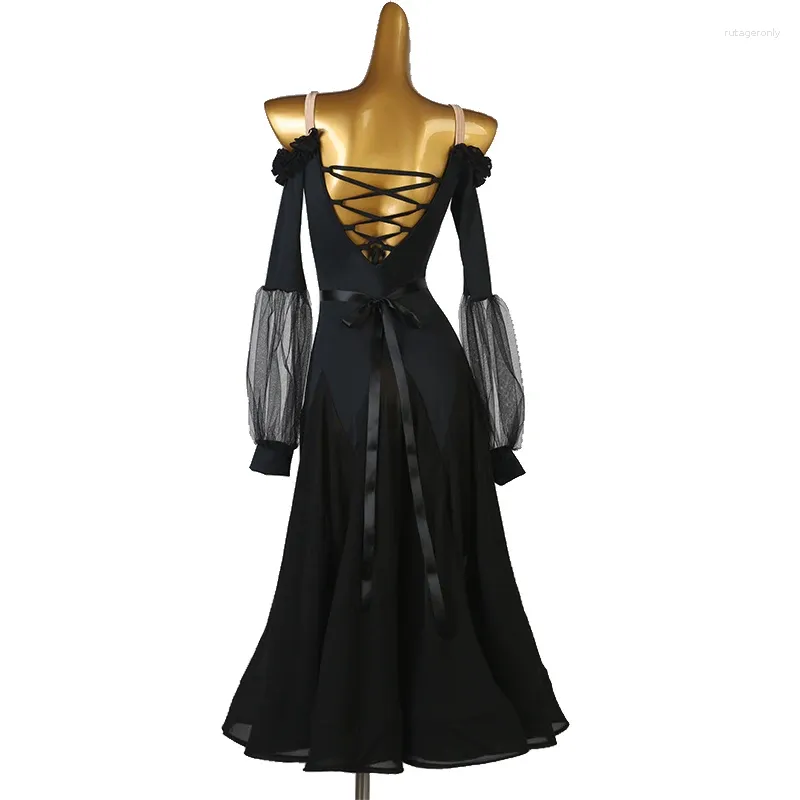 Stage Wear Examen d'art moderne Beau dos Concours de danse standard national Social Big Swing Dress Noir