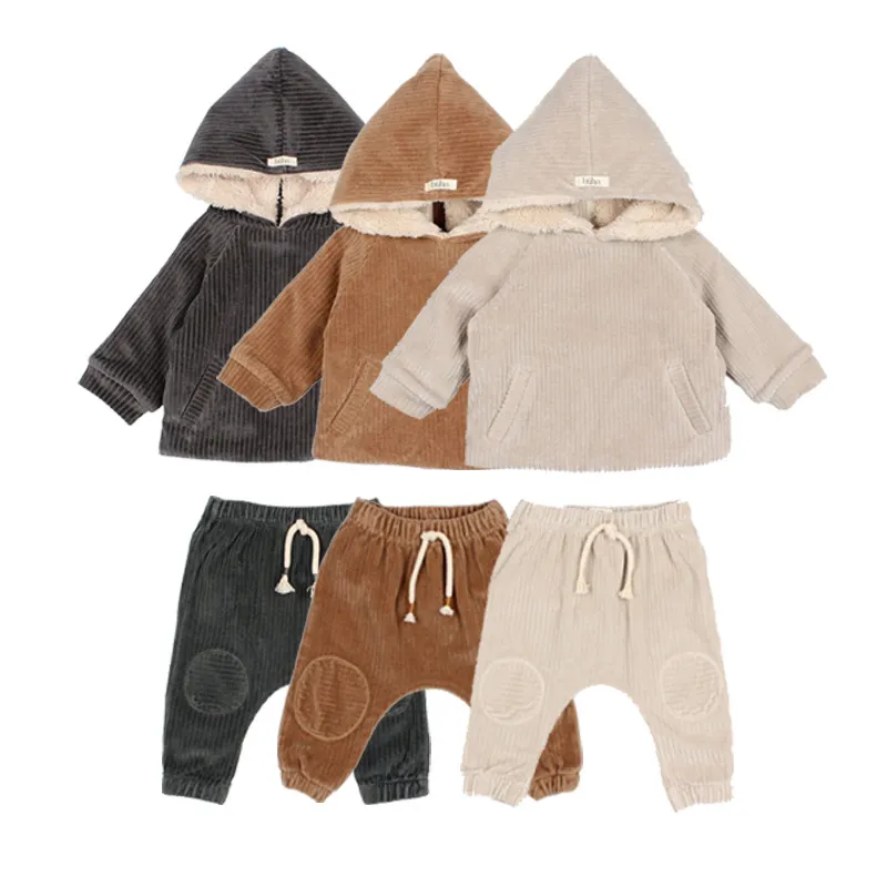 New Children's Clothing in Autumn and Winter Corduroy Coat and Trousers Plus Cashmere Thickened Two-piece Set