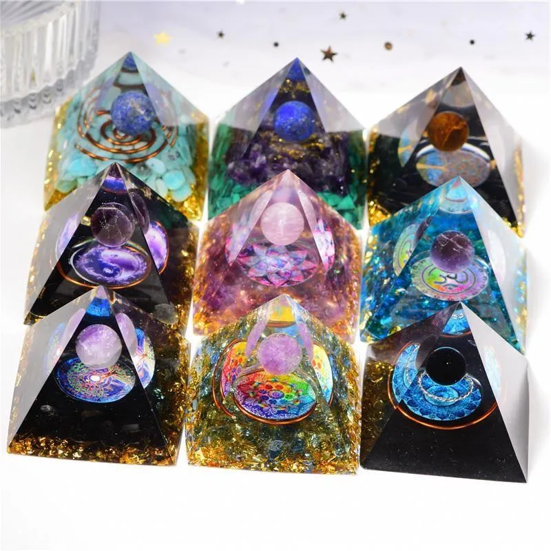 5cm Orgonite Piramide Decor Energiegenerator Genezing Kristallen bol Reiki Chakra Bescherming Meditatie Beeldjes Hars Thuis Handgemaakte Ornam Sxiw