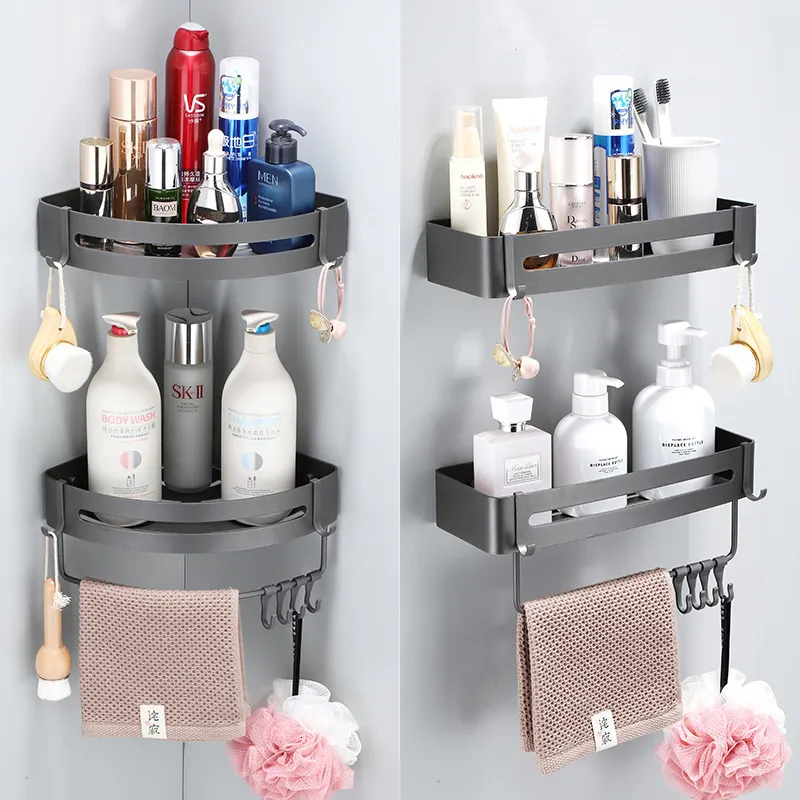 Étagères de salle de bain Étagère de salle de bain avec autocollant Étagères de vidange Organisateur Noir Douche Shampooing Rangement Rack Titulaire Coin Serviette Étagère Organisateur De Bain 230422