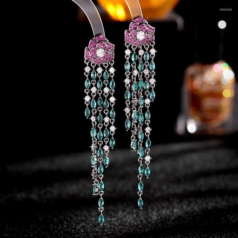 Dangle Earrings Fashion Heavy Industry Color Cz Flower S925 Silver Needle Long Tassel Temperament Dinner Camellia For Women