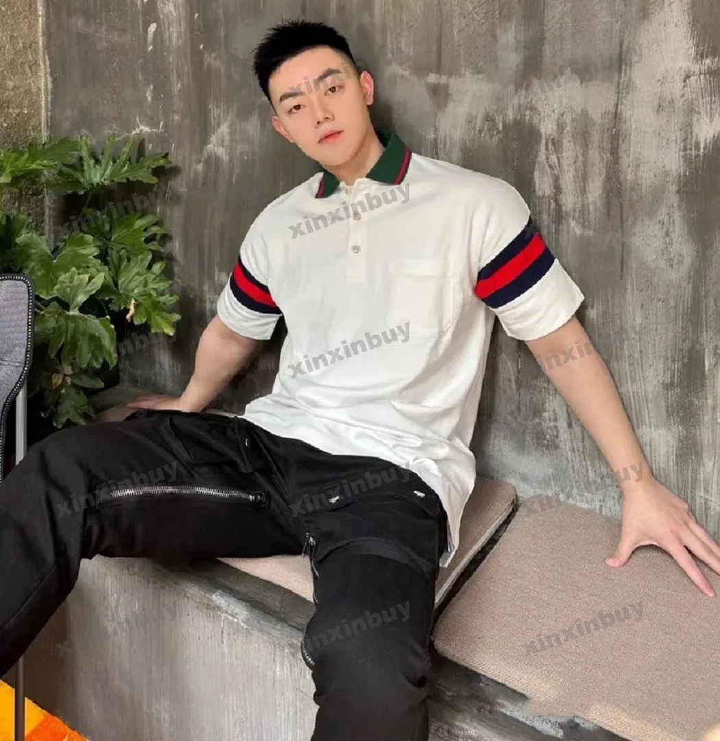 xinxinbuy Men designer Tee t shirt 23ss Panelled stripe Letter printing Jacquard fabric short sleeve cotton women Black blue M-2XL