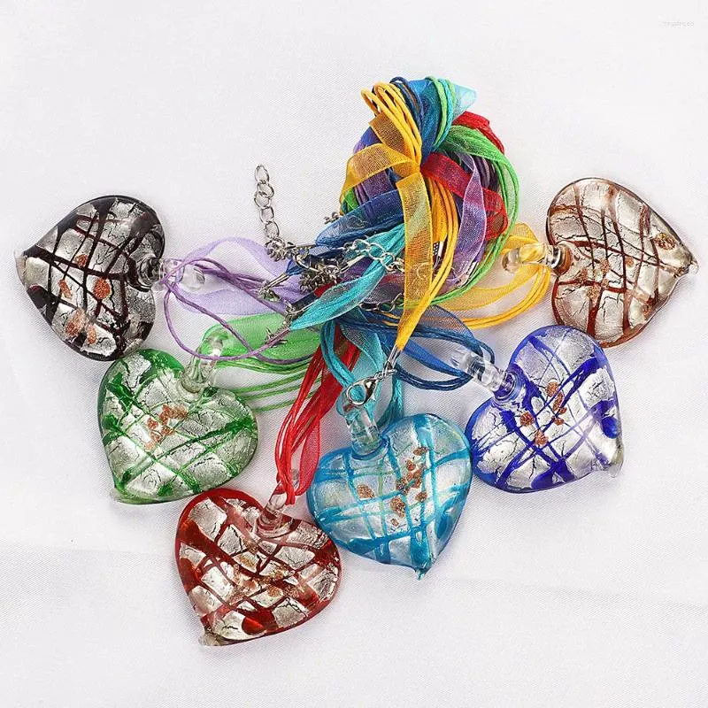 Pendant Necklaces Wholesale 6pcs Gandmade Murano Lampwork Glass Mixed Color Stripe Heart Silver P Necl0085 Jewelry Gift Necl0114
