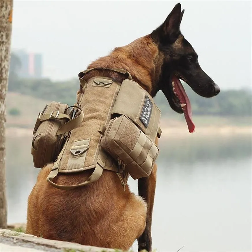 Colliers de chien Laisses Harnais militaire Selle avec sac de poche Gilet de formation pour animaux de compagnie Collier souple Accessoires réglables pour petit Medid3166