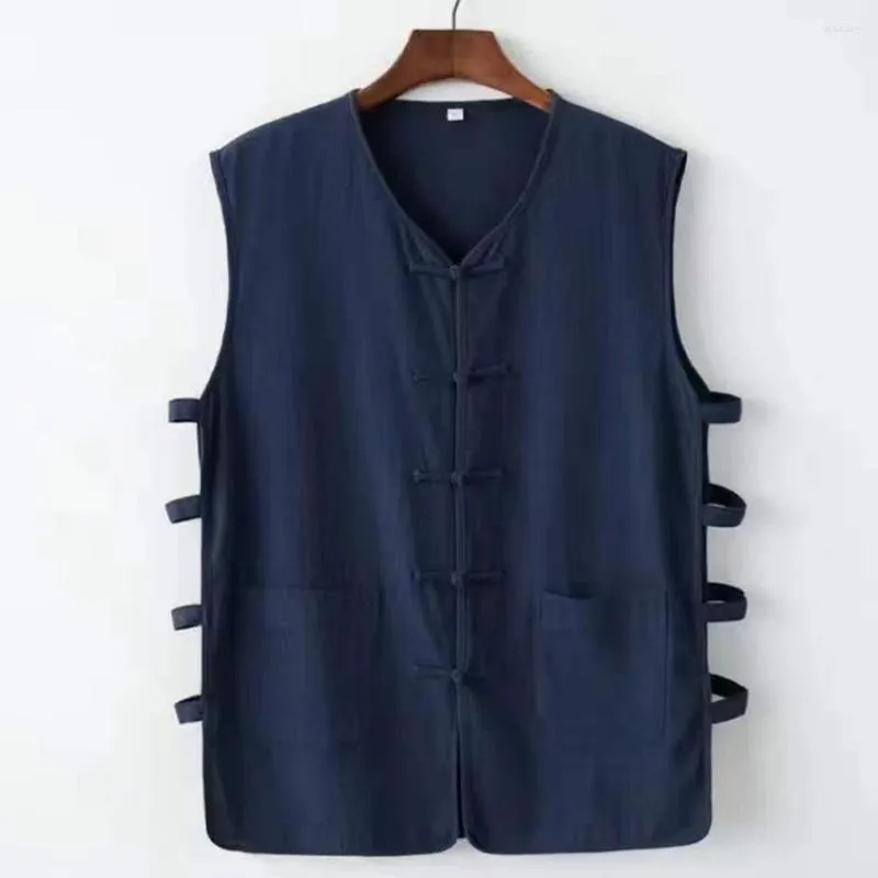 Hommes débardeurs hommes haut décontracté chemise rétro bouton chinois sans manches t-shirt hommes gilet poche Style ancien homme