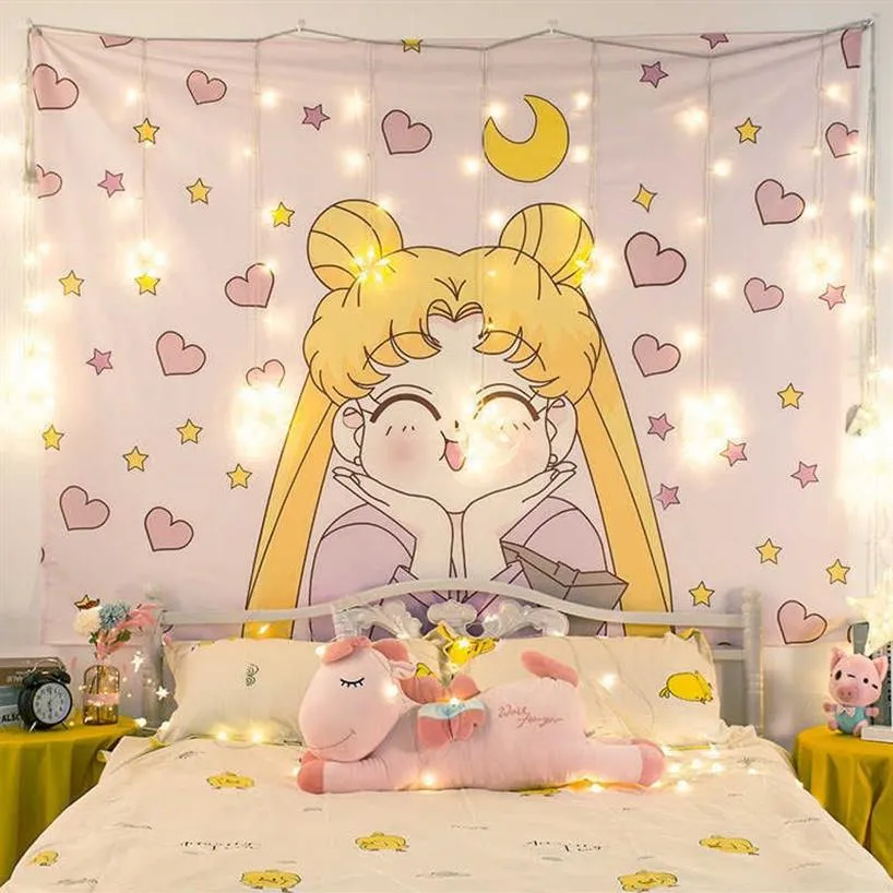 Cartoon Sailor Moon Stampato Anime Arazzo Ragazza Dormitorio Room Decor Appeso a parete Tapiz Rosa Arazzi 210608201J