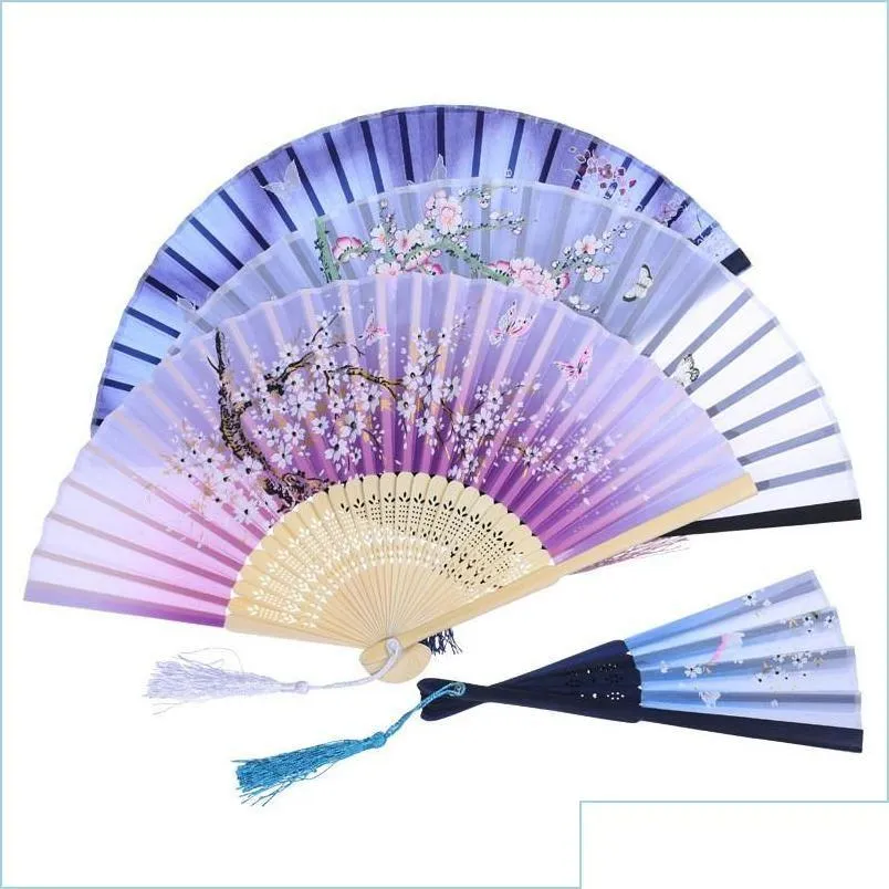 Party Favor Chinese Silk Fabric Folding Fan Women Hand Bamboo Fans Japanese Style Wedding Gift Decration Drop Delivery Home Gar Dhyty