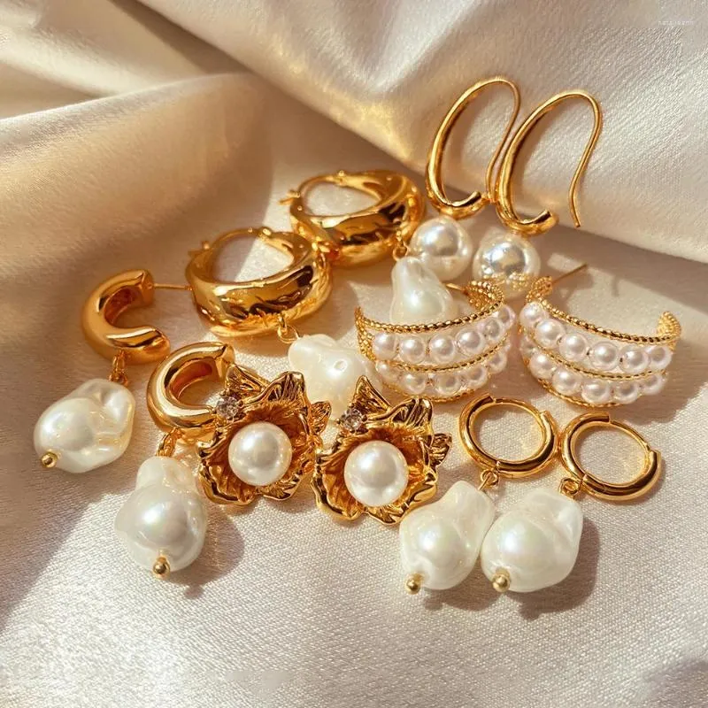 Dangle Earrings Elegant Baroque Pearl Drop Women Gold Color C Shape Circle Hoops Huggie Cartilage Piercing Earring Girl Fashion Jewelry