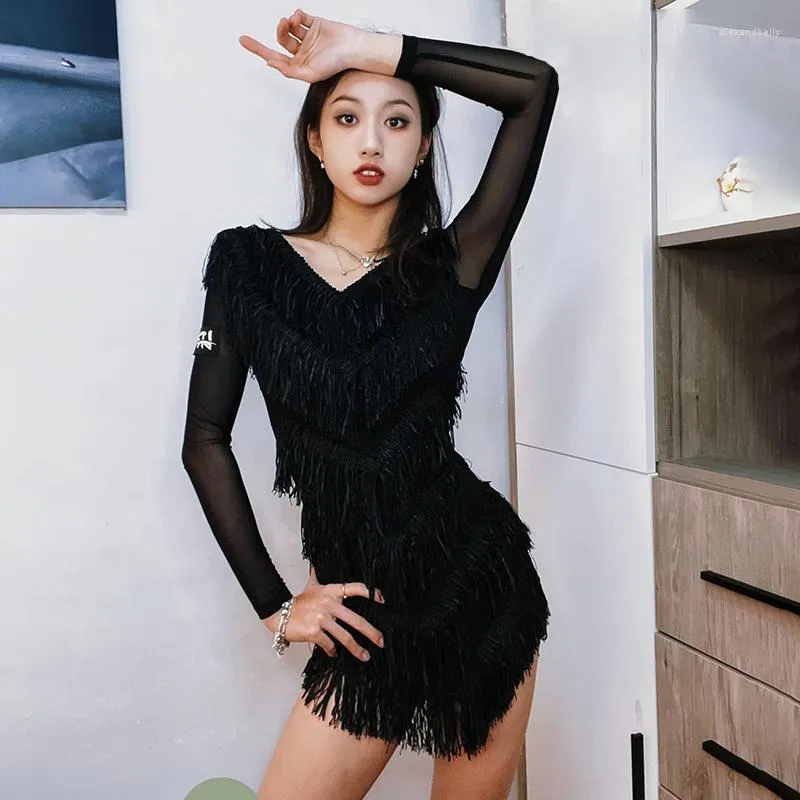 Stage Wear Adult Black Fringe Latin Dance Dress Long Sleeve Samba ChaCha Performance Costume Women Rumba Tango Practice YS4122