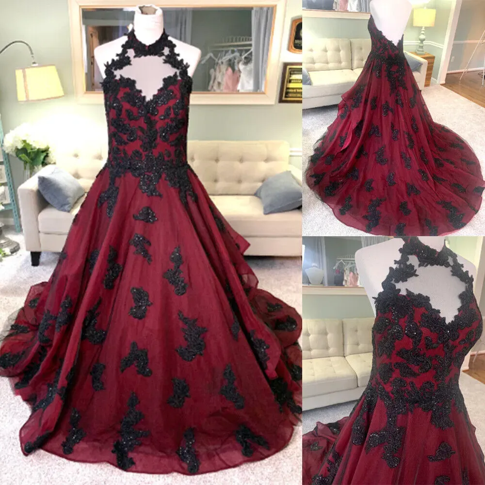 Enterrer robes de mariée vintage robe de mariée licou sans manches tulle une ligne dentelle noire appliques perlées sur mesure balayage train grande taille plage robe de novia pplique