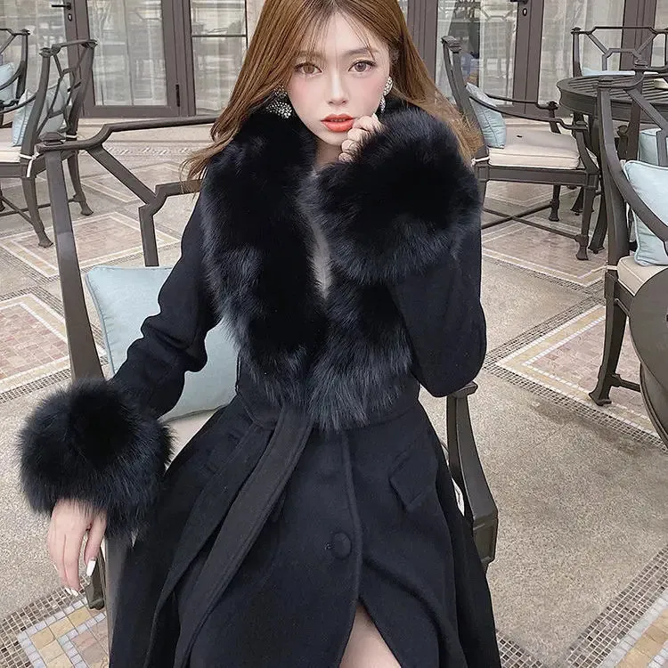 Women s Fur Faux LOLIBOOK Women Winter Warm Cotton Overcoats Big Collar A line Slim Woolen Coats France Fashion Hepburn Thick 231122