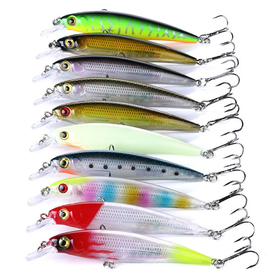 الطعوم السحر 10pcslot مينو الصيد هوك خطاف 9 سم 11 سم الطعم الصلب العائم معالجة الاصطناعية wobblers 3d عيون crankbait swimbait jerkbait 230421