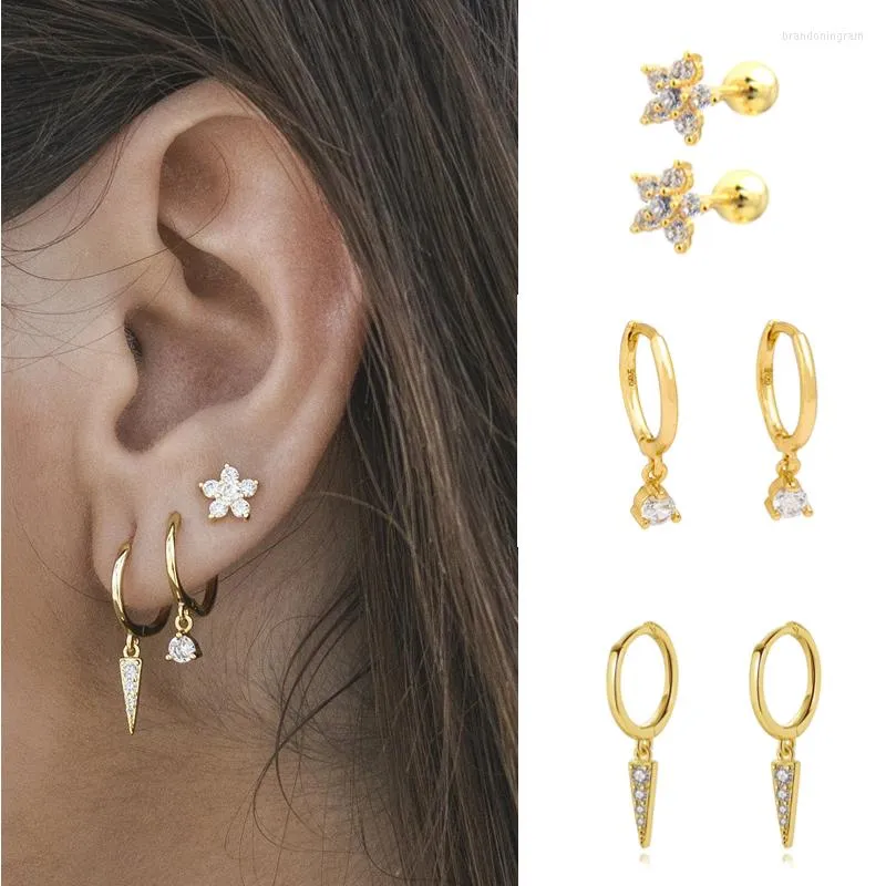Hoop Earrings 2PC Fashion Crystal Zirconia Tiny Small Round Triangle Flower Pendant Stud Piercing Jewelry For Women