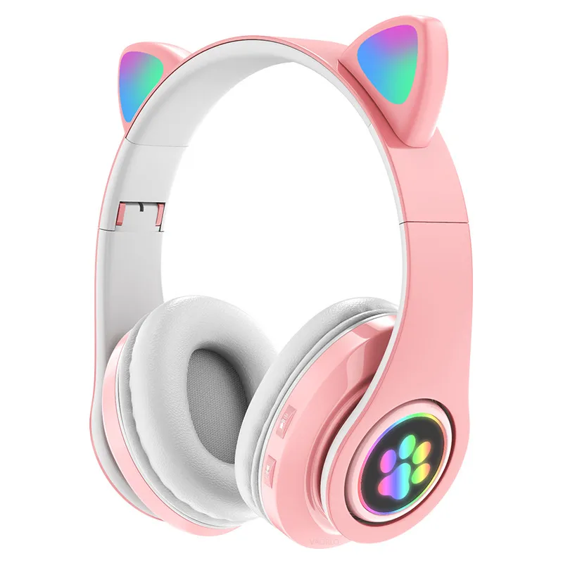 Söt kattörören Bluetooth -hörlurar LED Light Flash Stereo Foldbara trådlösa headset med MIC TF FM för barn Girl Gifts