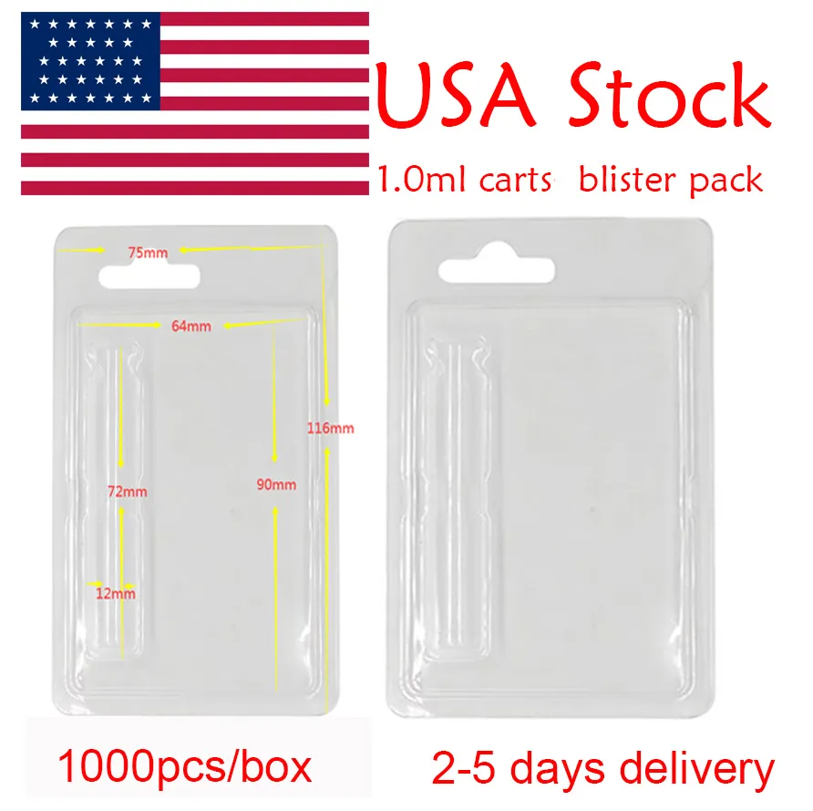 USA-Lagerverpackung Blisterpackungshüllen 1 ml 0,8 ml Vape-Kartuschen Klare 510-Gewinde-Zerstäuberverpackung Kunststoff-ClamShell-Hülle E-Zigaretten Benutzerdefinierte Logokarten 1000-teilige Box