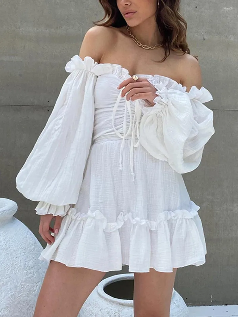 Casual Dresses Womens Summer Mini Beach Dress Long Puff Sleeve Off Shoulder Ruched Tie Up Party