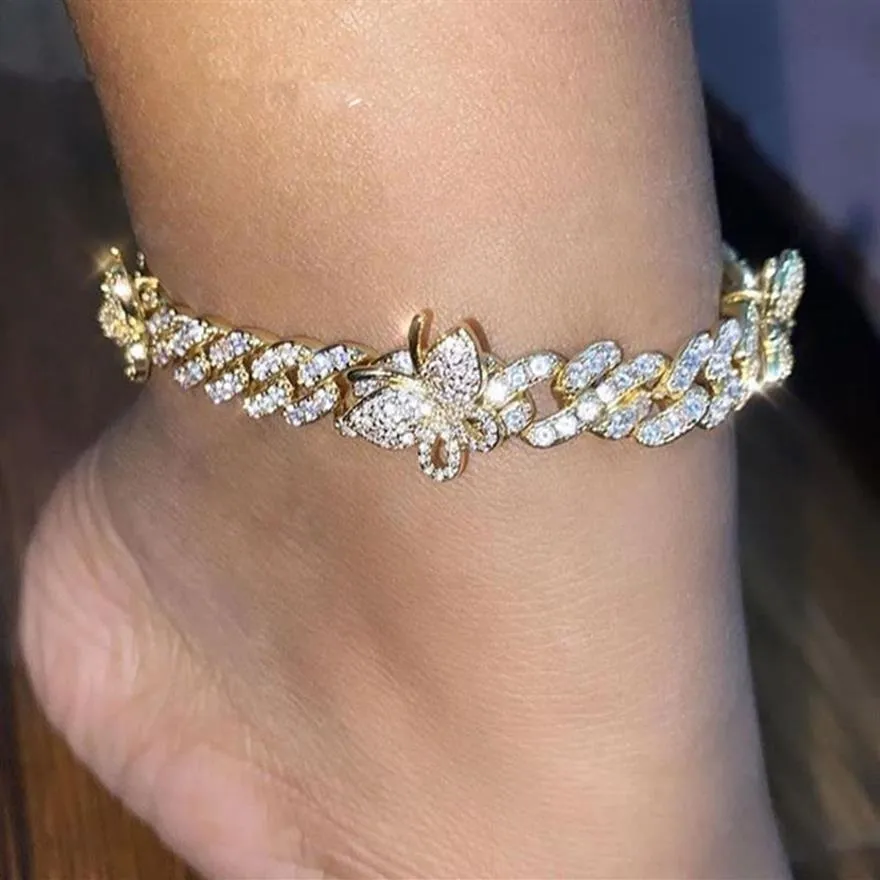 Tornozeleira gelada com borboleta, pulseira de cristal com strass, hip hop, corrente cubana, para mulheres, boho, praia, joias para pés, vintage person243n