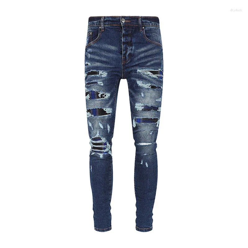 Mäns jeans high street mode män retro mörkblå stretch mager rippad rutig lapp designer hip hop varumärke byxor hombre