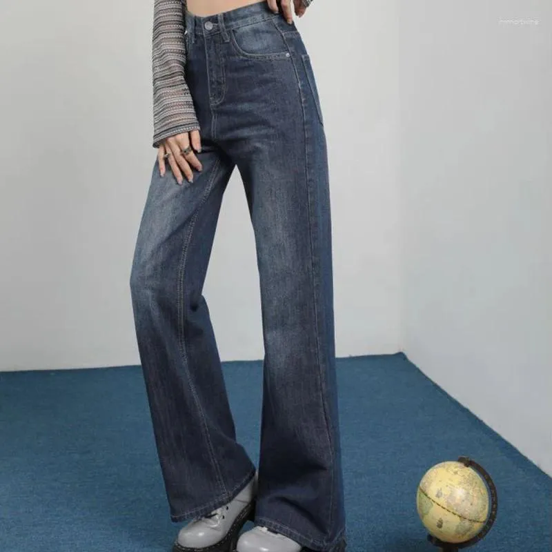 Kadınlar kot pantolon geniş bacak gevşek yüksek bel, düz zemin retro parlama denim pantolonlar tüm maç bayan pantolon