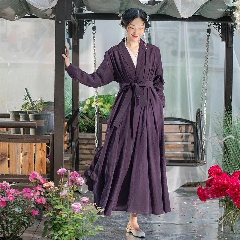 Kvinnors dike tålar ett liv på vänster kvinnor gambiered Guangdong gasväv i mitten av längd silkesrock med bälte långa ärmar original retro lila