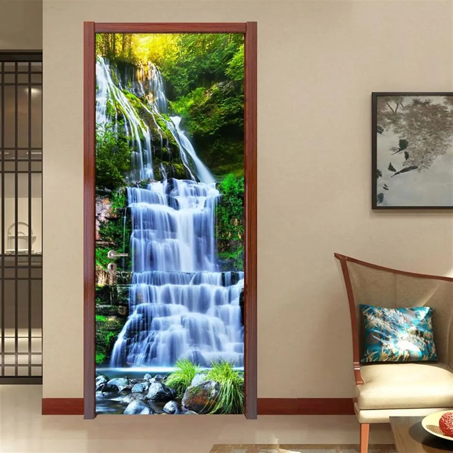 Pegatina de puerta 3D impermeable de PVC, calcomanías de pared autoadhesivas DIY, decoración del hogar, paisaje de cascada, pegatinas de puerta de papel tapiz 3D Po 21221N