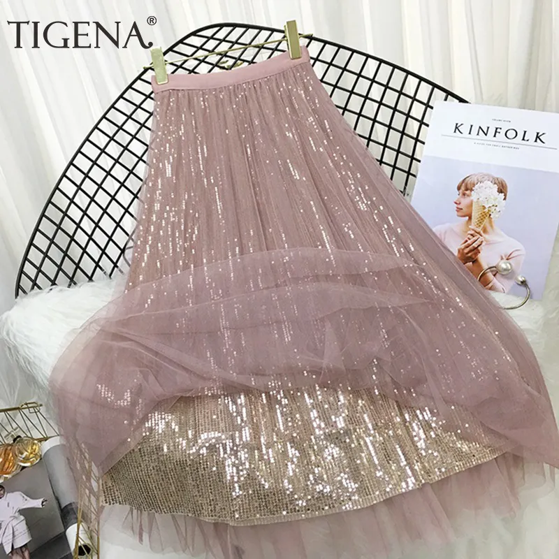 Spódnice Tigena Modna cekinowa długa tiulowa spódnica kobiet estetyczna koreańska swoboda liniowa Elastyczna wysoka talia Midi Mesh spódnica Kobieta różowa 230422