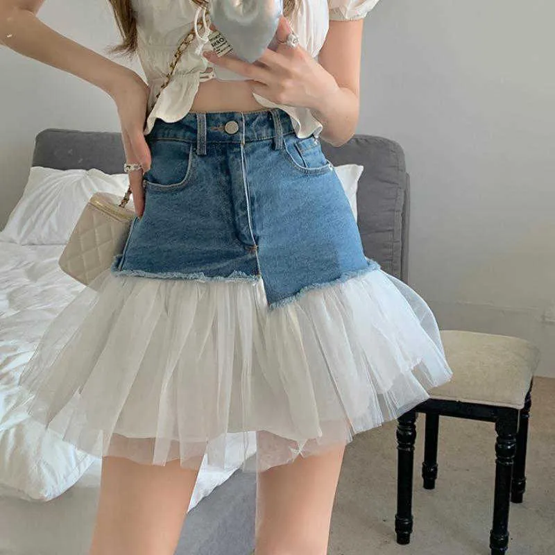 Skirts MEXZT Tulle Patchwork Denim Skirt Women Y2K High Waist Slim A Line Mini Skirt Summer Fashion Sweet All Match Ball Gown Skirts P230422