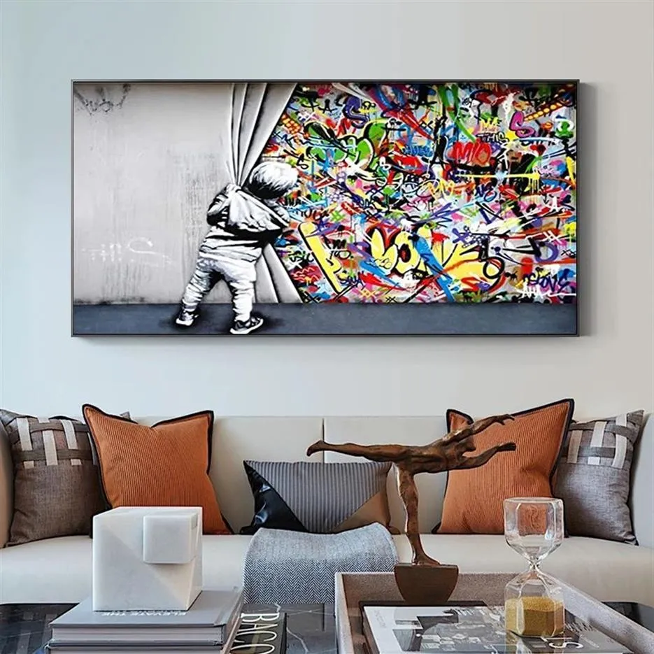 Behind The Curtain Canvas Paintings Graffiti Street Art Banksy Graffiti Art Cuadros Wall Art Pictures for Living Room Home Decor C205c