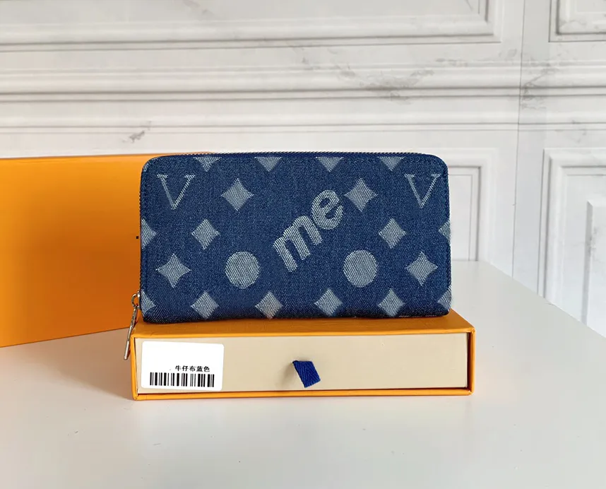 Modedesigner zippy plånböcker lyx Hip-hop plånböcker denim blomma brev herr kvinnor kreditkortshållare dam lång smal dragkedja pengar clutch väska med låda hög kvalitet