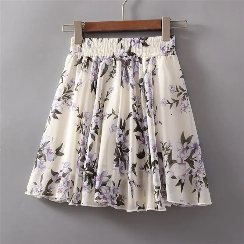 Womens Floral Chiffon Mini Skirt High Waist A Line Elastic