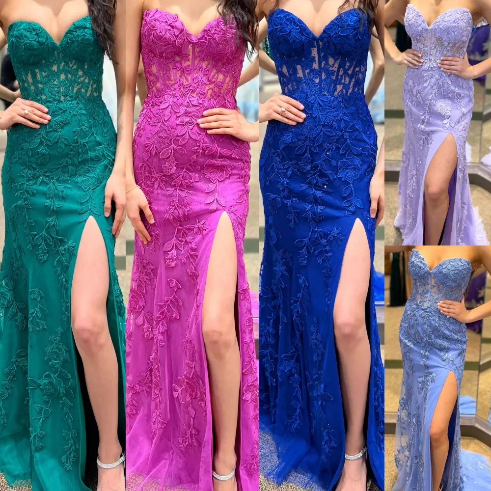 Lace Sweetheart Fitted Corset Prom Dress with Slit for 2024 Homecoming Cocktail Party Evening Wedding Guest Royal Purple Periwinkle