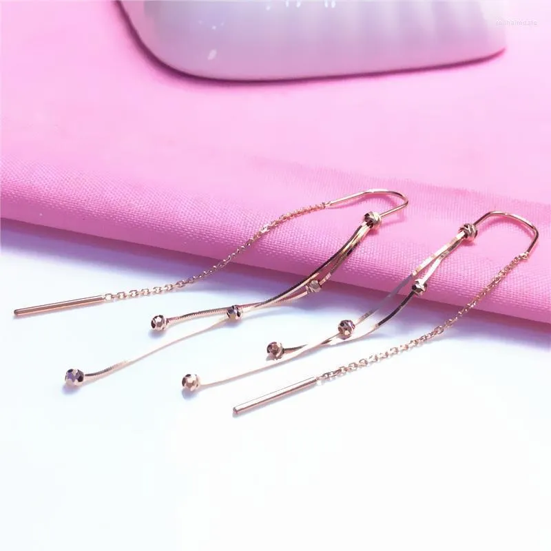 Kolczyki Dangle Pure Rosjan 585 Kobieta Zijin Bridge Drut Ear Simple Stated 18 -Kan Rose Gold Bone Blask Trends Long Piece