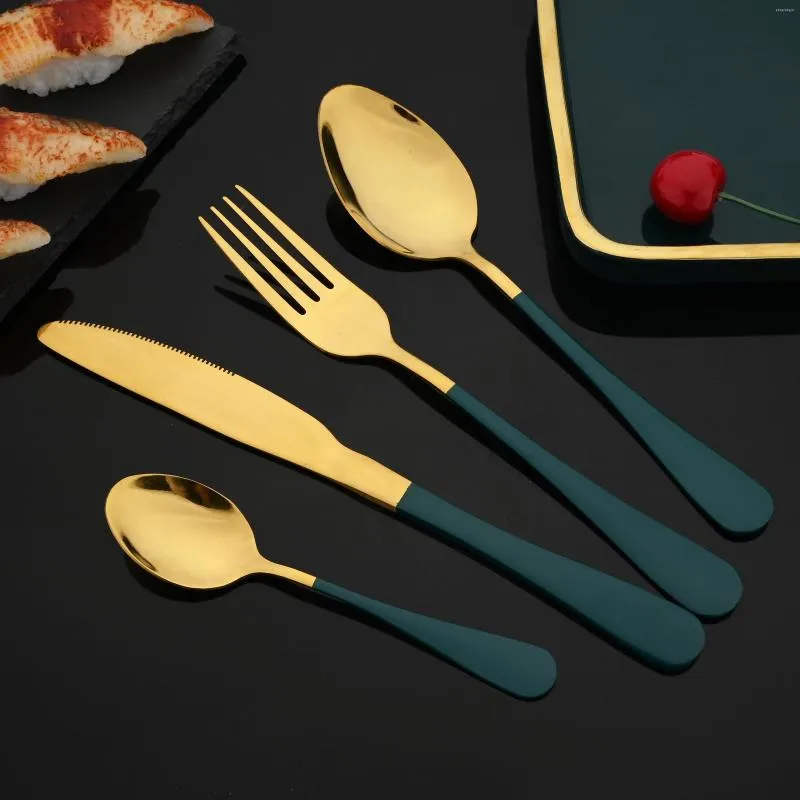 Din sets sets 4people groen goud bestek tafelwerk set roestvrij staal flatware mes vork lepel western keuken huis zilverwerk