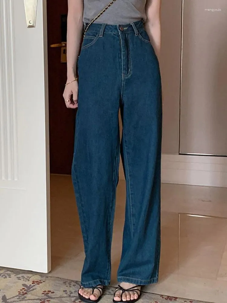 Jeans pour femmes Circyy Vintage Femme Bleu Marine Taille haute Taille pleine longueur Lâche Street Zipper Pantalon en denim droit