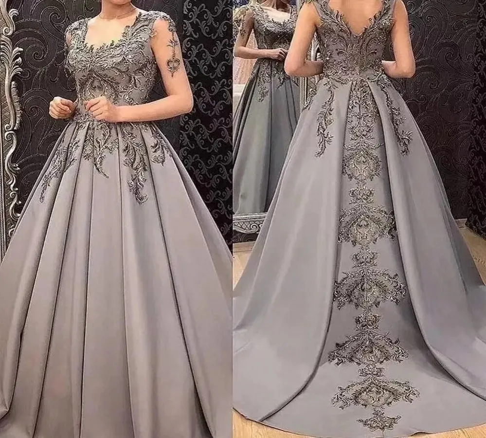 2024 Gray A-Line Evening Dress Lace Appliques Transparenta långa ärmar Satin Kvinnor Prom Formal Party Gowns Robe de Soiree Anpassad
