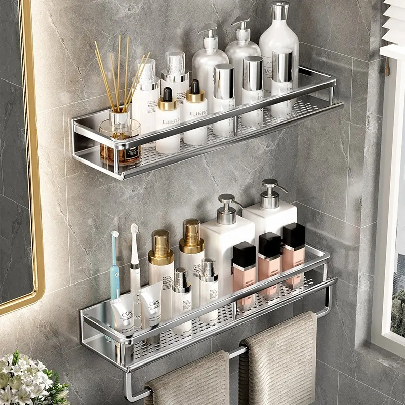 Badkamer planken zilveren badkamer plank organisator douche opslagrek hoekplanken muur aluminium toilet shampoo houder 2304222222