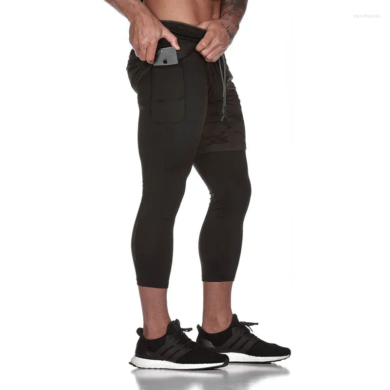 Мужские шорты Спортивные брюки Мужские эластичные дышащие из двух частей Беговые тренировочные залы До щиколотки Быстросохнущие черные