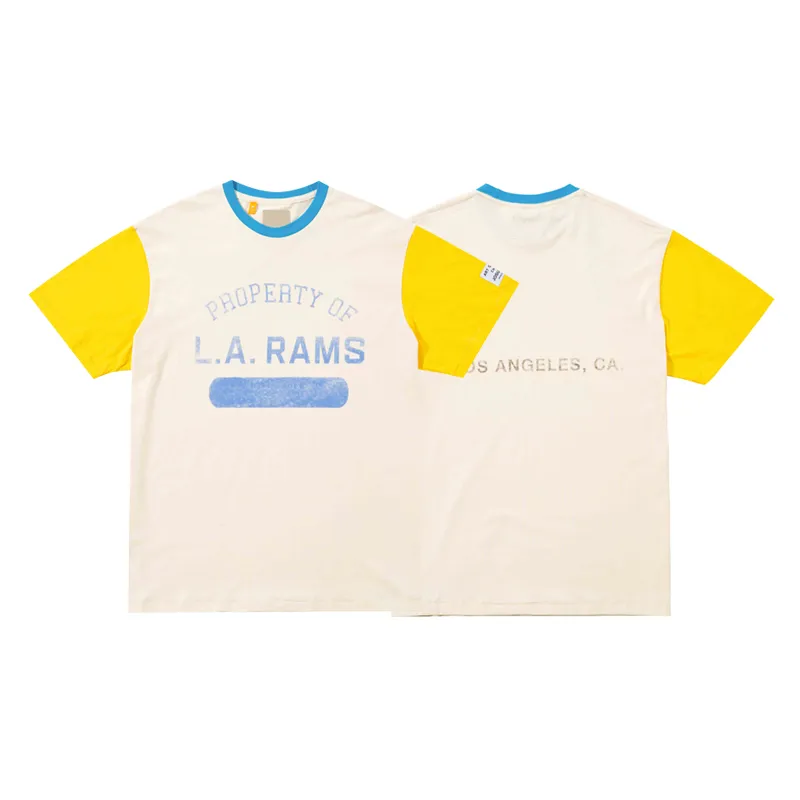 23SS Summer USA 플러스 사이즈 티 티 셔츠 캐주얼 빈티지 프리미엄 스트리트웨어 대형 면화 짧은 슬리브 남성 유니esx 컬러 블록 Tshirt