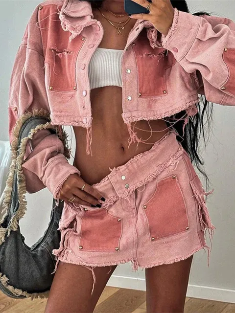 BOOFEENAA Pink Colorblock Denim Skirt Set Basic Casual Outfits For Y2K Streetwear Outfit Fall 2023 C87ACB89 231122 From Chao02 42.21 In Bulk DHgate.Com