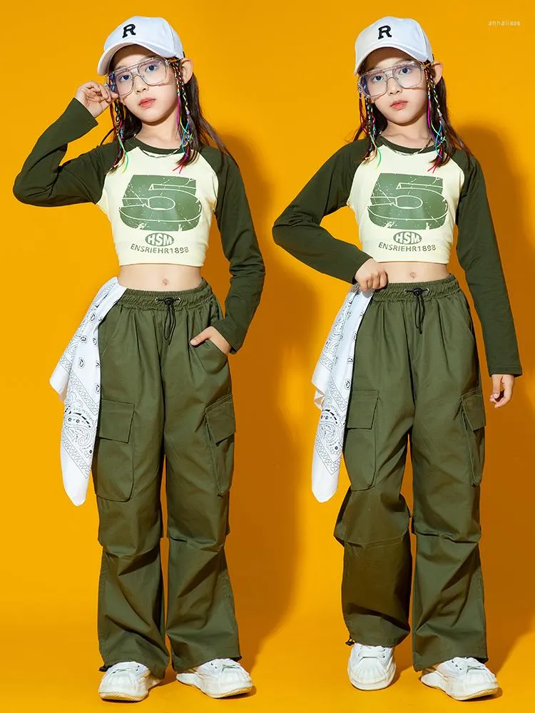 Stage Wear Kids Jazz Dance Costume Filles Vert Tops Pantalon Cargo Hip Hop Performance Vêtements Moderne Kpop Outfit Streetwear BL10117