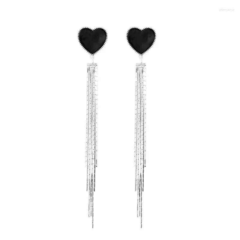 Boucles d'oreilles à tige en argent Sterling pour femmes, cœur noir, émail, long pompon, bijoux à la mode, cadeau de Couple