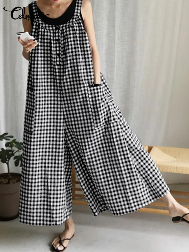 Женские комбинезоны снимают съемки Celmia Summer Fashion Women Wintage Plaid Bumpsuits Широкие брюки для ног без рукавов.