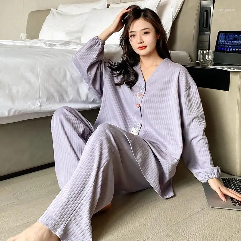 Plus Size Womens Pure Cotton Pajama Set For Autumn/Winter Solid