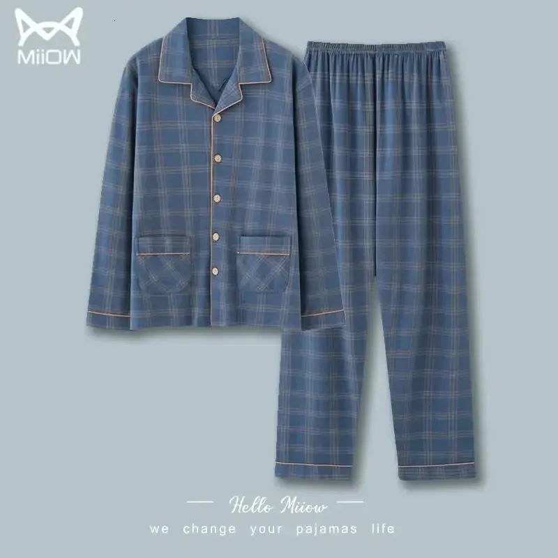 Mäns Sleepwear Korea Mäns pyjama Ställer in enkla sömnkläder Långärmad bomullstopp Pant Leisure Outwear Soft Autumn Winter Plus Size Loungewear 231122