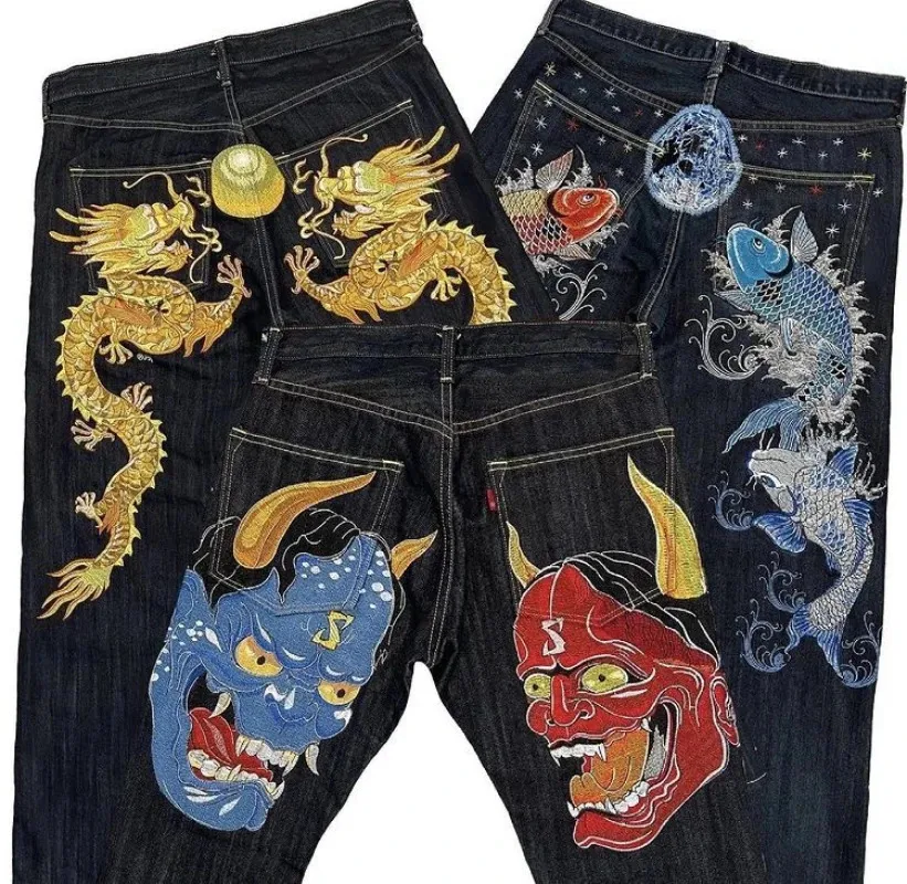 Heren Jeans Harajuku Gothic Amerikaanse stijl hoge taille jean mannen y2k baggy high street hip hop mode trend rechte wijde pijpen jeans print mannen 231122